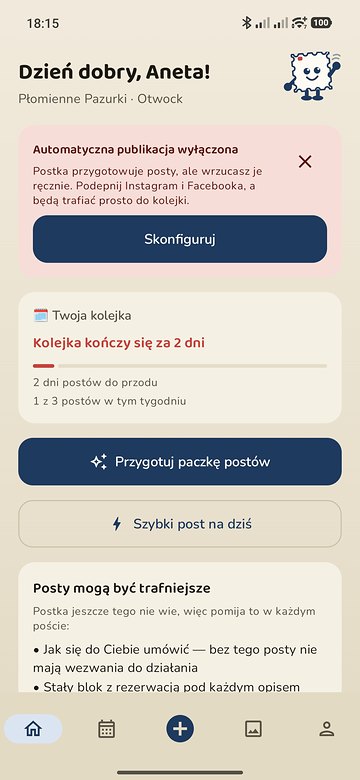 Ekran Dziś z czerwoną kartą "Automatyczna publikacja wyłączona" i przyciskiem Skonfiguruj