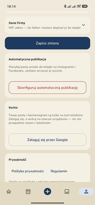 Ustawienia Postki: sekcja Konto z informacją, że posty są tylko na tym telefonie, i opcjonalnym logowaniem przez Google