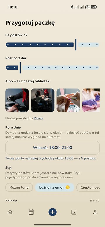 Ekran "Przygotuj paczkę": suwak liczby postów, odstęp co trzy dni, biblioteka zdjęć i pora dnia wyliczona z własnych wyników