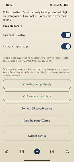 Podpięte kanały w Postce: Facebook i Instagram z przełącznikami oraz przyciski „Instagram podpięty” i „Facebook podpięty”