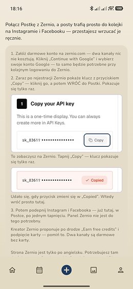 Instrukcja w Postce: wycinek panelu Zernio z przyciskiem „Copy” i zasłoniętym kluczem API