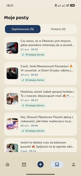 Lista zaplanowanych postów w Postce, każdy z odznaką "W kolejce Zernio"
