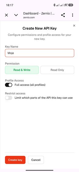 Panel Zernio w przeglądarce: formularz "Create New API Key" z polem nazwy i uprawnieniem Read & Write