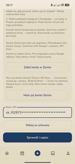 Ekran Postki z polem "Klucz API", przyciskiem "Wklej ze schowka" i "Sprawdź i zapisz"